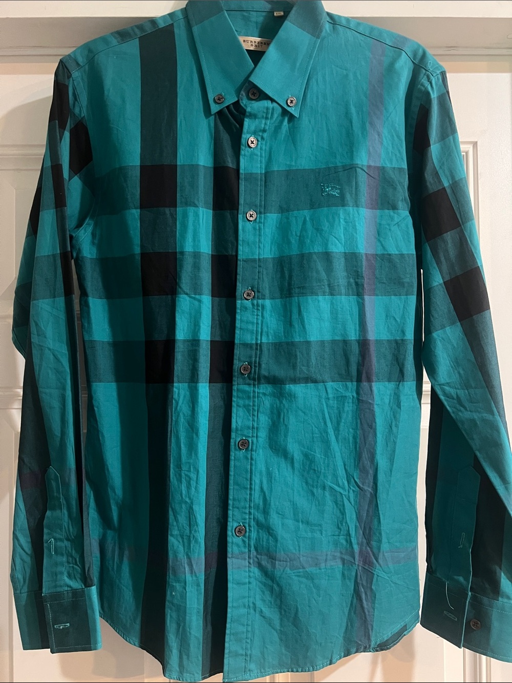 BURBERRY Brit Teal/Black Plaid Mens Long Sleeve Dress Shirt Size 2XL NWOT